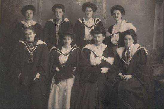 Photograph of the first woman graduates at the Michaelmas Commencements of 1906